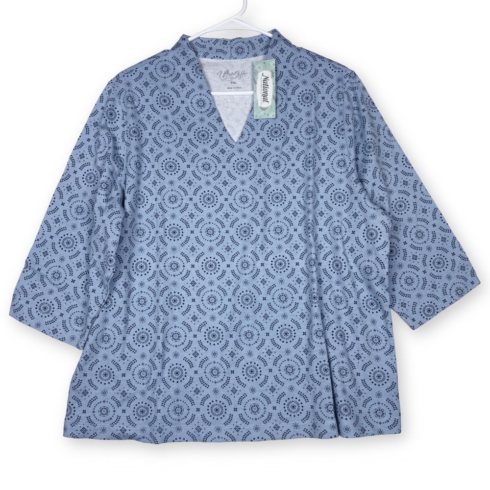 National UltraSofts Womens PXL Blue Medallion Print V-Neck 3/4 Sleeve Top 24140